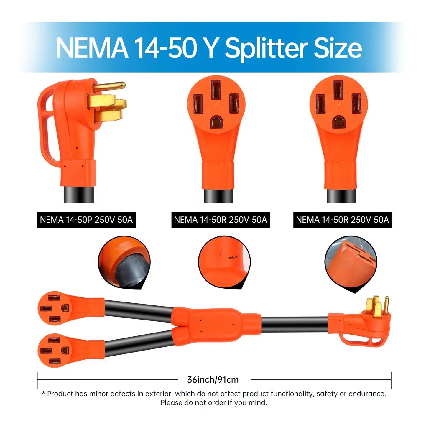 ZEMIRO CHARGE NEMA 14-50 Y Splitter Adapter Cord for RV and EV, 4-Prong 250-Volt, NEMA 14-50P to x2 NEMA 14-50R, 6/3, 8/1 STW AWG Gauge-Auto/RV/EV/Tesla Model 3/S/X/Y-3 Feet