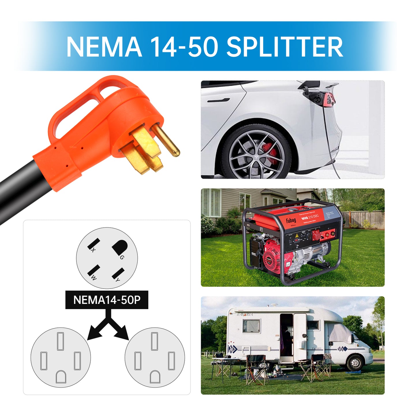 ZEMIRO CHARGE NEMA 14-50 Y Splitter Adapter Cord for RV and EV, 4-Prong 250-Volt, NEMA 14-50P to x2 NEMA 14-50R, 6/3, 8/1 STW AWG Gauge-Auto/RV/EV/Tesla Model 3/S/X/Y-3 Feet