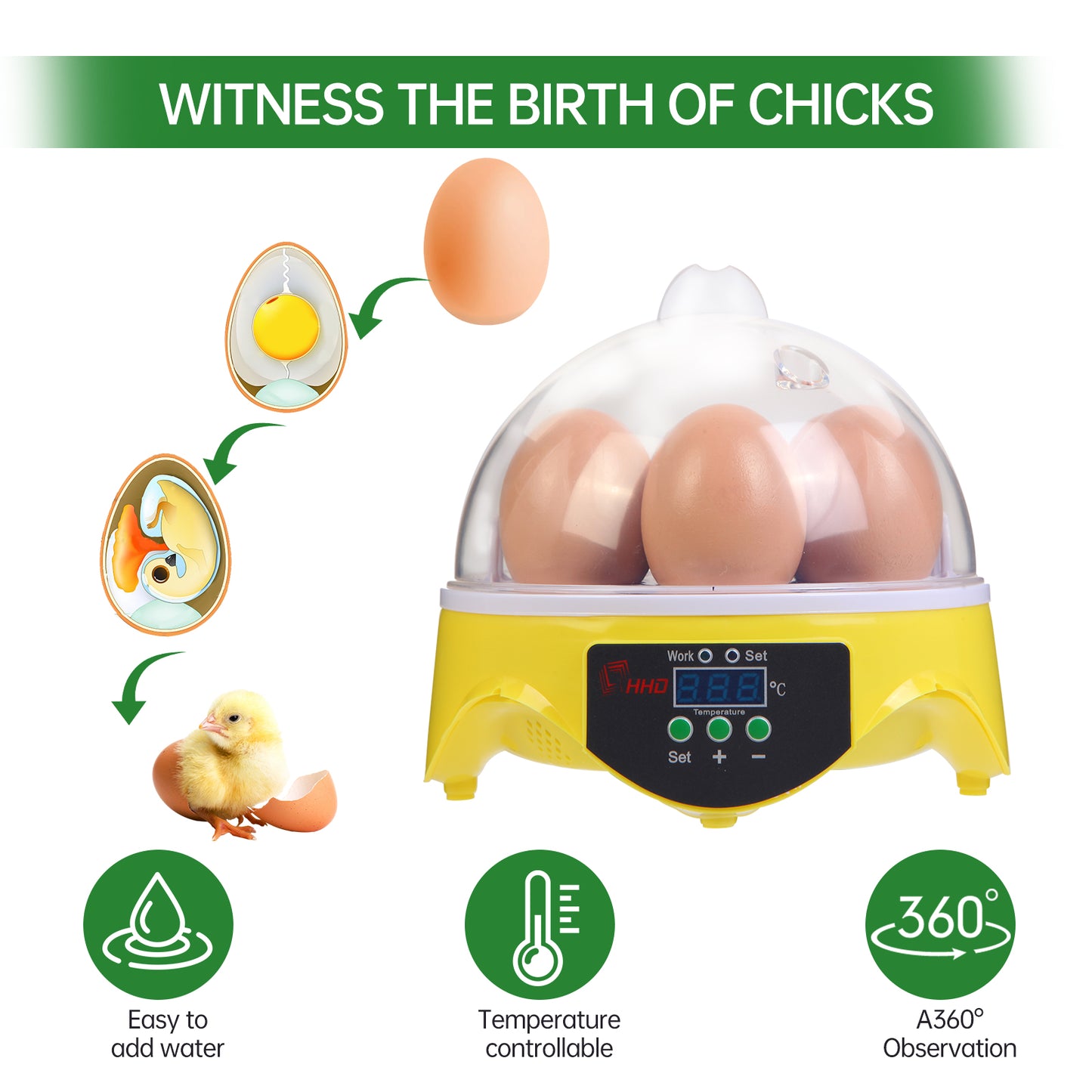 ZEMIRO CHARGE 7-Egg Incubator 360° View Poultry Incubator with Manual Temperature Control for Hatching Chicken, Duck, Goose, Parrot, and Quail Eggs