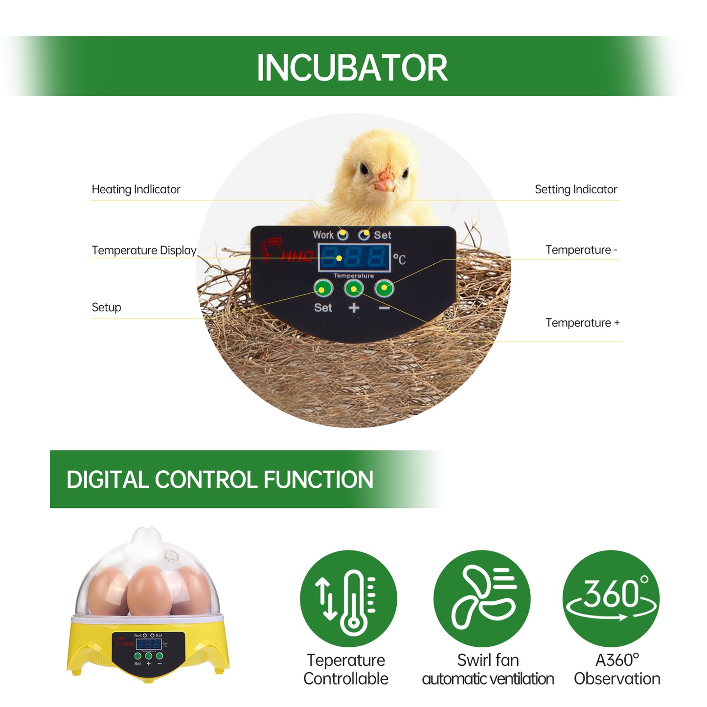 ZEMIRO CHARGE 7-Egg Incubator 360° View Poultry Incubator with Manual Temperature Control for Hatching Chicken, Duck, Goose, Parrot, and Quail Eggs