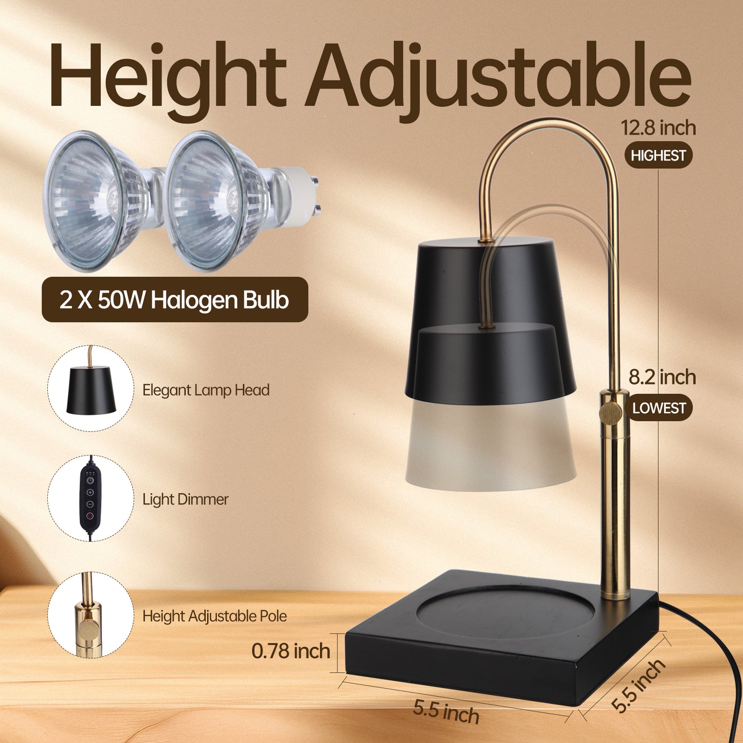 ZEMIRO CHARGE Candle Warmer Lamp Timer/Dimmer, Adjustable Height, Wood Base Electric Top Down Melting Wax Melter for Jar Candles, Home Decor Gift (2 x GU10 Bulbs Included)