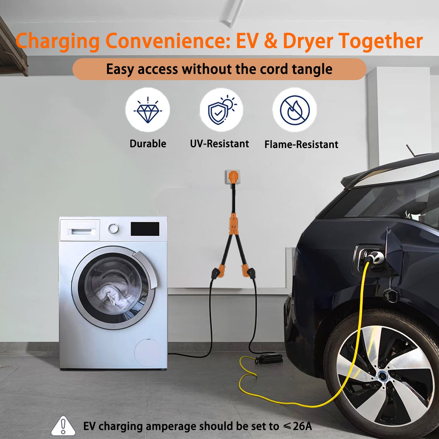 ZEMIRO CHARGE EV 10-30P to 10-30R EV Charger Adapter Y Splitter Cord 10/3 STW 30 Amp 250 Volt Power Cord Adapter for EV, Dryer Outlet and Level 2 EV Charging