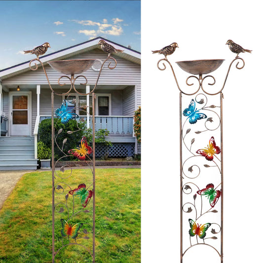 ZEMIRO CHARGE Vintage Butterfly Bird Bath Trellis & Bird Feeder with Metal Stake - 7.2" Cast Iron Bird Bath Bowl for Outdoor Garden Decor
