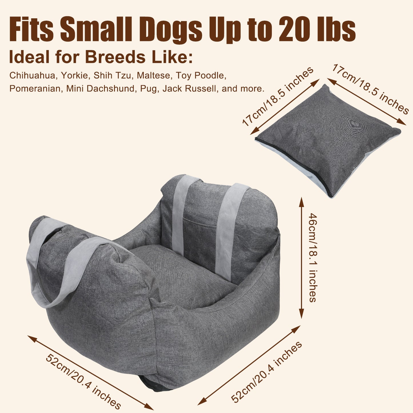 BJOP Dog Car Seat for Small Dogs Up to 25 lbs – Puffy & Roomy Washable Pet Booster Seat with Soothing Soft Thick Cushion, Safety Leash, Foldable Design, and Storage Pockets – Portable Travel Bed Carrier for Cars