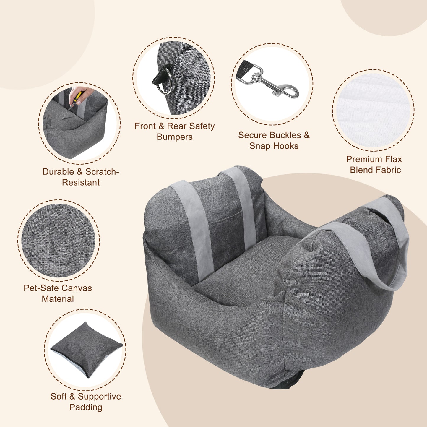 BJOP Dog Car Seat for Small Dogs Up to 25 lbs – Puffy & Roomy Washable Pet Booster Seat with Soothing Soft Thick Cushion, Safety Leash, Foldable Design, and Storage Pockets – Portable Travel Bed Carrier for Cars