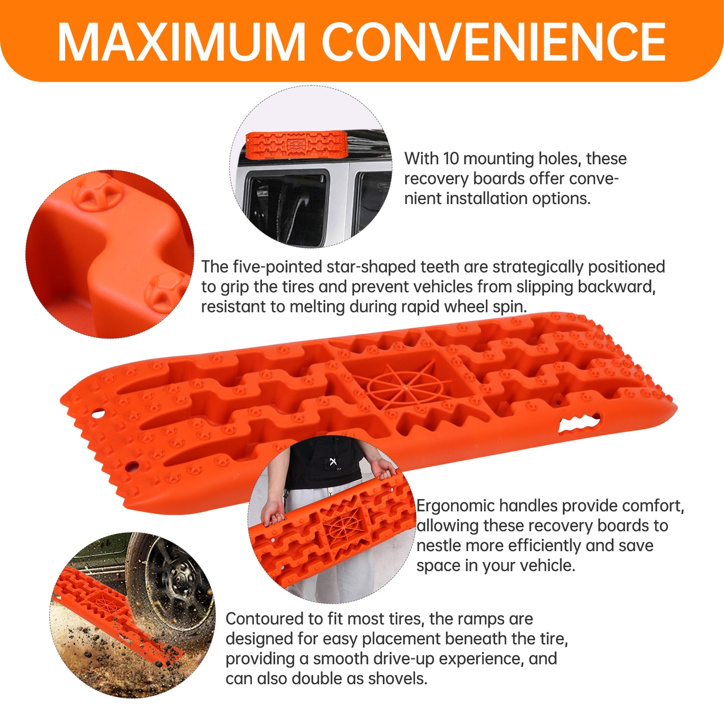 Off-Road Traction Boards with Jack Lift Base, 2Pcs Recovery Tracks for Sand, Mud, Snow Tracks - Tire Traction Pads for RV Truck 4X4 Jeep SUV Emergency Tire Traction (Orange)
