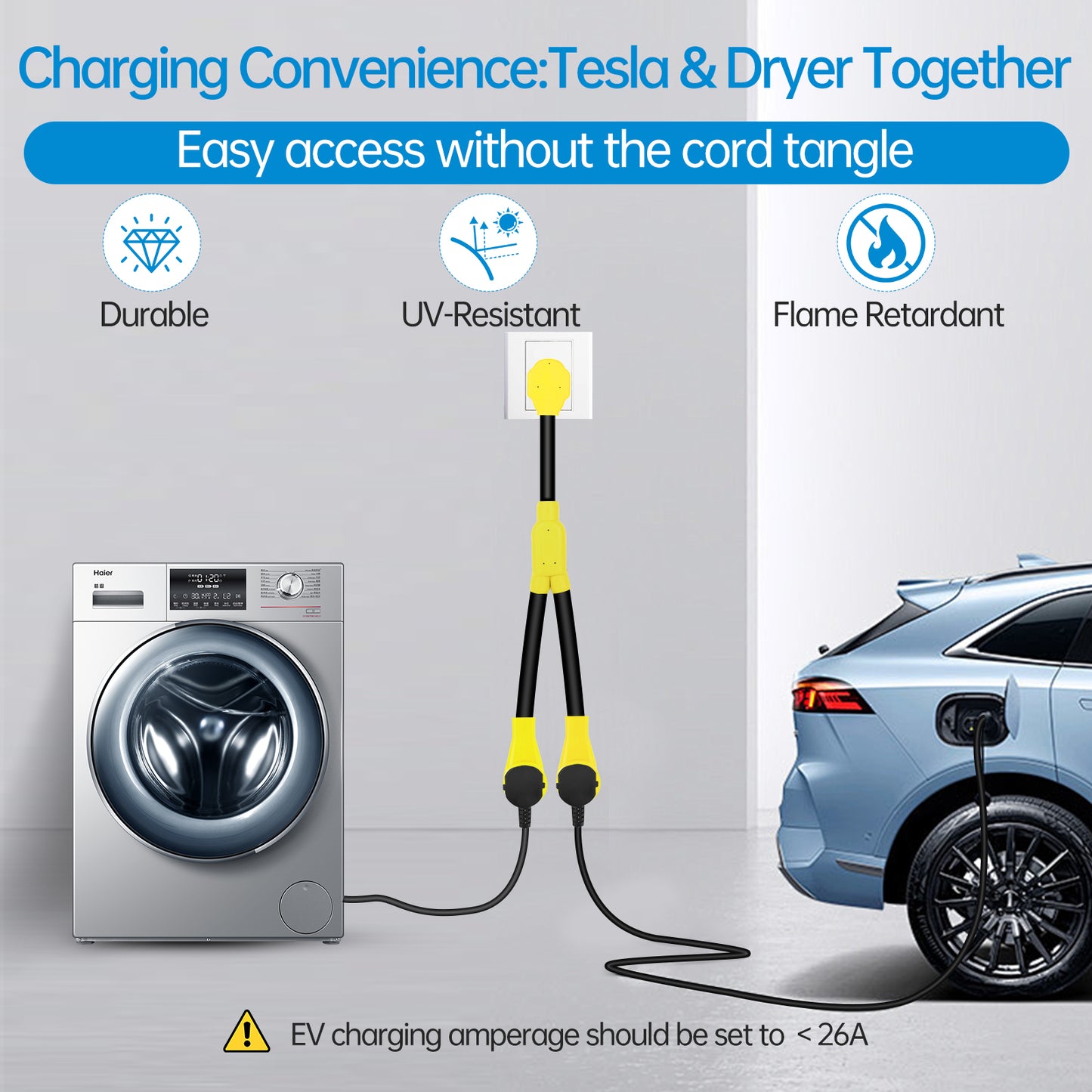ZEMIRO CHARGE EV 10-30P to 10-30R EV Charger Adapter Y Splitter Cord 10/3 STW 30 Amp 250 Volt Power Cord Adapter for EV, Dryer Outlet and Level 2 EV Charging