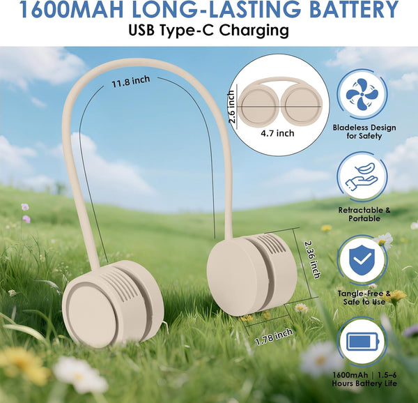 Neck Fan, Portable Bladeless Wearable Fan with 360° Airflow, 3 Speeds, 1600mAh Rechargeable Battery, Quiet Foldable USB Personal Fan for Men, Women, Outdoor, Travel, Gift