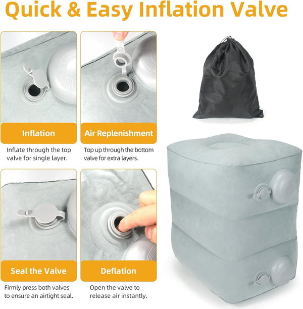 Inflatable Foot Rest Pillow for Travel, Adjustable 3-Layer Height, Fast Inflation Leg Rest Cushion for Airplanes, Cars, Trains, Office & Home