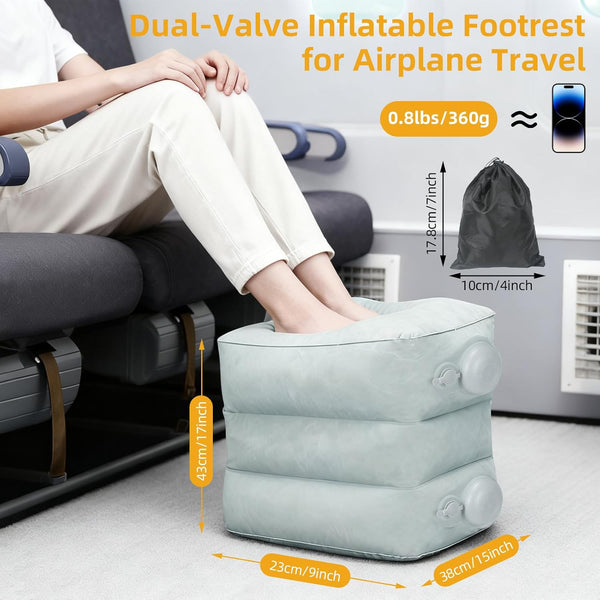 Inflatable Foot Rest Pillow for Travel, Adjustable 3-Layer Height, Fast Inflation Leg Rest Cushion for Airplanes, Cars, Trains, Office & Home