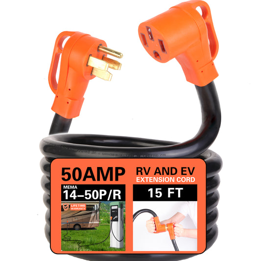 ZEMIRO CHARGE 15 FT 50 Amp RV/EV Extension Cord Outdoor 4 Prong 250-Volt NEMA 14-50P to 14-50R, Suitable for RV Trailers, Campers, Tesla Model 3/S/X/Y, Heavy Duty STW AWG Gauge, UL & ETL Listed