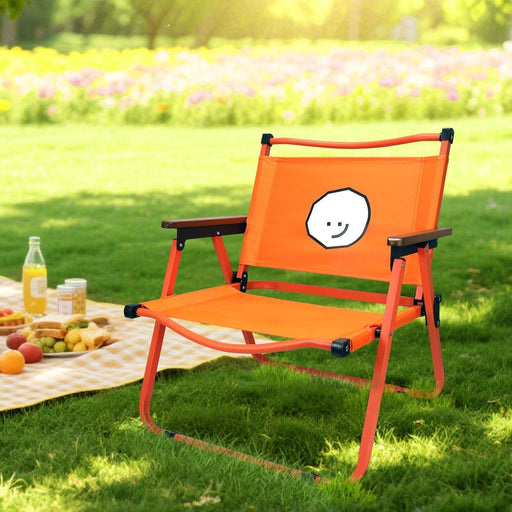 Vibrant and Cheerful Orange Folding Outdoor Chair, Compact Lightweight Portable Design with Wood Armrests & Metal Frame for Backyar, Camping, Beach, Hiking, Picnics