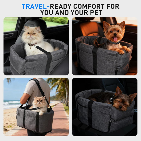 Small Dog & Cat Car Seat, Detachable Seat, Console Fit, Adjustable Straps, Storage Pocket & Clip-On Leash - Ideal for Pets Under 15 lbs