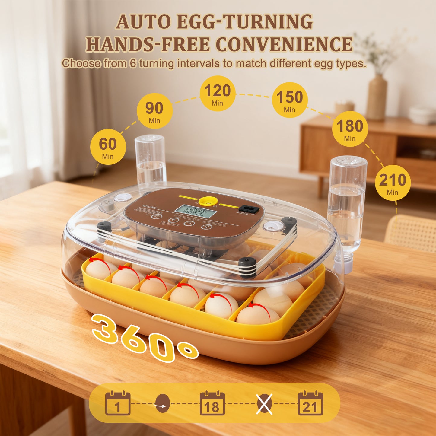 ZEMIRO CHARGE Smart 24-Egg Incubator for Hobbyists, Full-Stage Adaptive Humidity (Dual-Bottle) & Temp Control, Custom-Interval Auto Turn & Auto Stop, Preset Incubation Days, Adjustable Egg Spacing