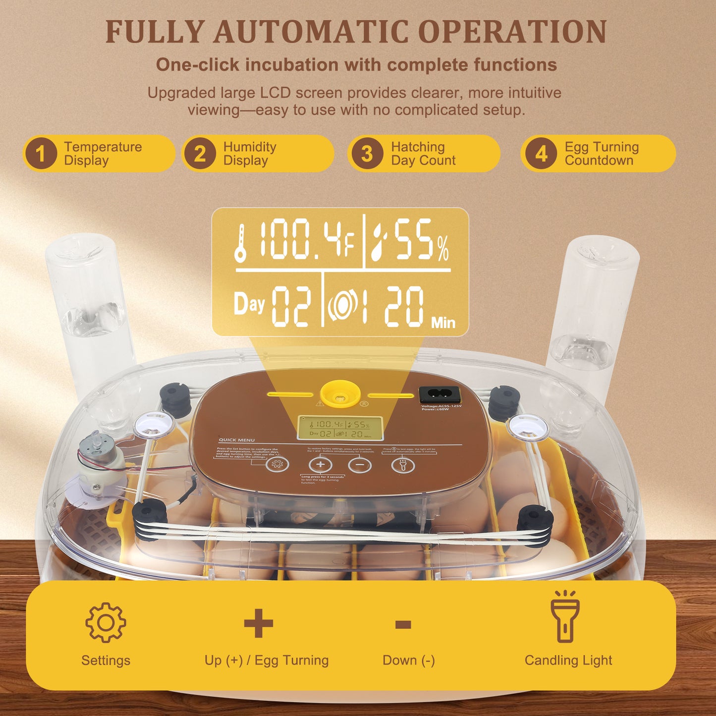ZEMIRO CHARGE Smart 24-Egg Incubator for Hobbyists, Full-Stage Adaptive Humidity (Dual-Bottle) & Temp Control, Custom-Interval Auto Turn & Auto Stop, Preset Incubation Days, Adjustable Egg Spacing