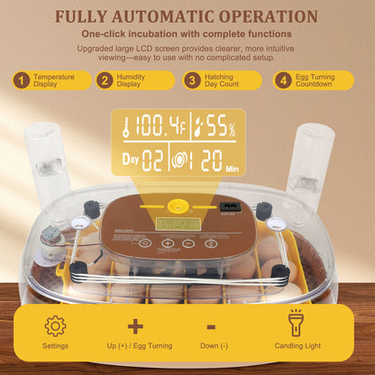 ZEMIRO CHARGE Smart 24-Egg Incubator for Hobbyists, Full-Stage Adaptive Humidity (Dual-Bottle) & Temp Control, Custom-Interval Auto Turn & Auto Stop, Preset Incubation Days, Adjustable Egg Spacing