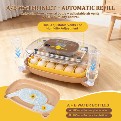 ZEMIRO CHARGE Smart 24-Egg Incubator for Hobbyists, Full-Stage Adaptive Humidity (Dual-Bottle) & Temp Control, Custom-Interval Auto Turn & Auto Stop, Preset Incubation Days, Adjustable Egg Spacing