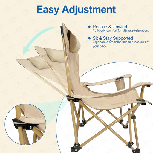Reclining Camping Chair with Removable Footrest, Portable & Heavy Duty Folding Lounge Chair for Adults with Adjustable Headrest, Cup Holder & Storage, Supports 280 lbs