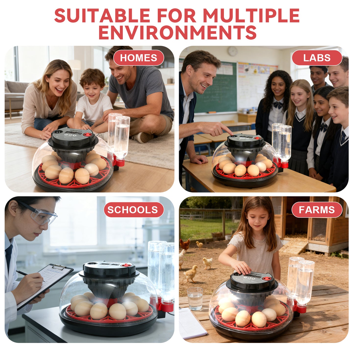 ZEMIRO CHARGE Simple Plus 12-Egg Incubator for Beginners, Full-Stage Adaptive Humidity (Dual-Bottle) & Temp Control, Auto Egg Turn, Real-Time Display, Candler for Hatching Poultry Eggs