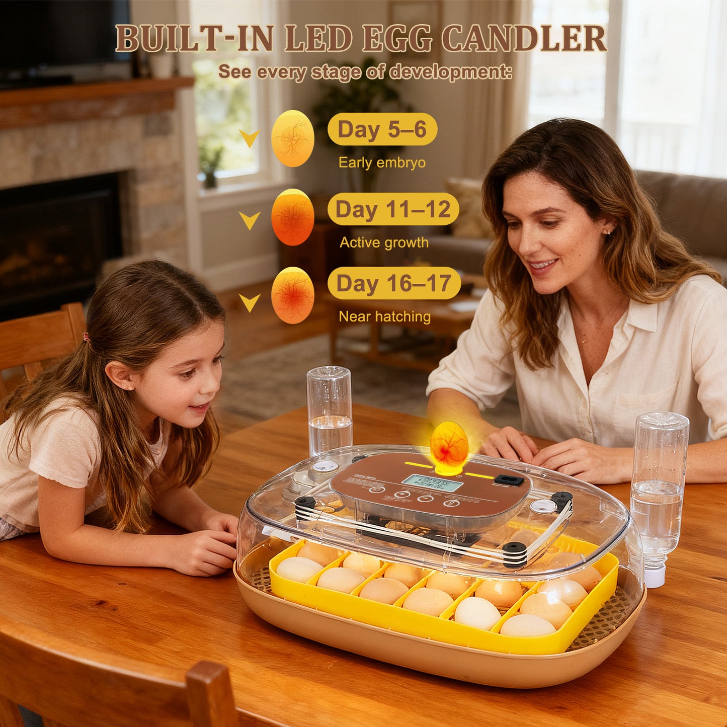 ZEMIRO CHARGE Smart 24-Egg Incubator for Hobbyists, Full-Stage Adaptive Humidity (Dual-Bottle) & Temp Control, Custom-Interval Auto Turn & Auto Stop, Preset Incubation Days, Adjustable Egg Spacing