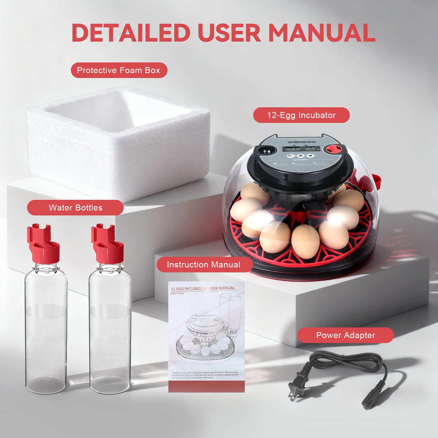 ZEMIRO CHARGE Simple Plus 12-Egg Incubator for Beginners, Full-Stage Adaptive Humidity (Dual-Bottle) & Temp Control, Auto Egg Turn, Real-Time Display, Candler for Hatching Poultry Eggs