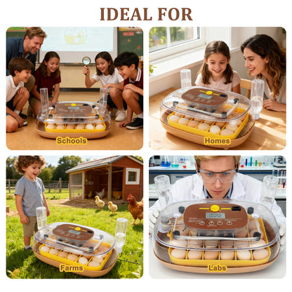 ZEMIRO CHARGE Smart 24-Egg Incubator for Hobbyists, Full-Stage Adaptive Humidity (Dual-Bottle) & Temp Control, Custom-Interval Auto Turn & Auto Stop, Preset Incubation Days, Adjustable Egg Spacing