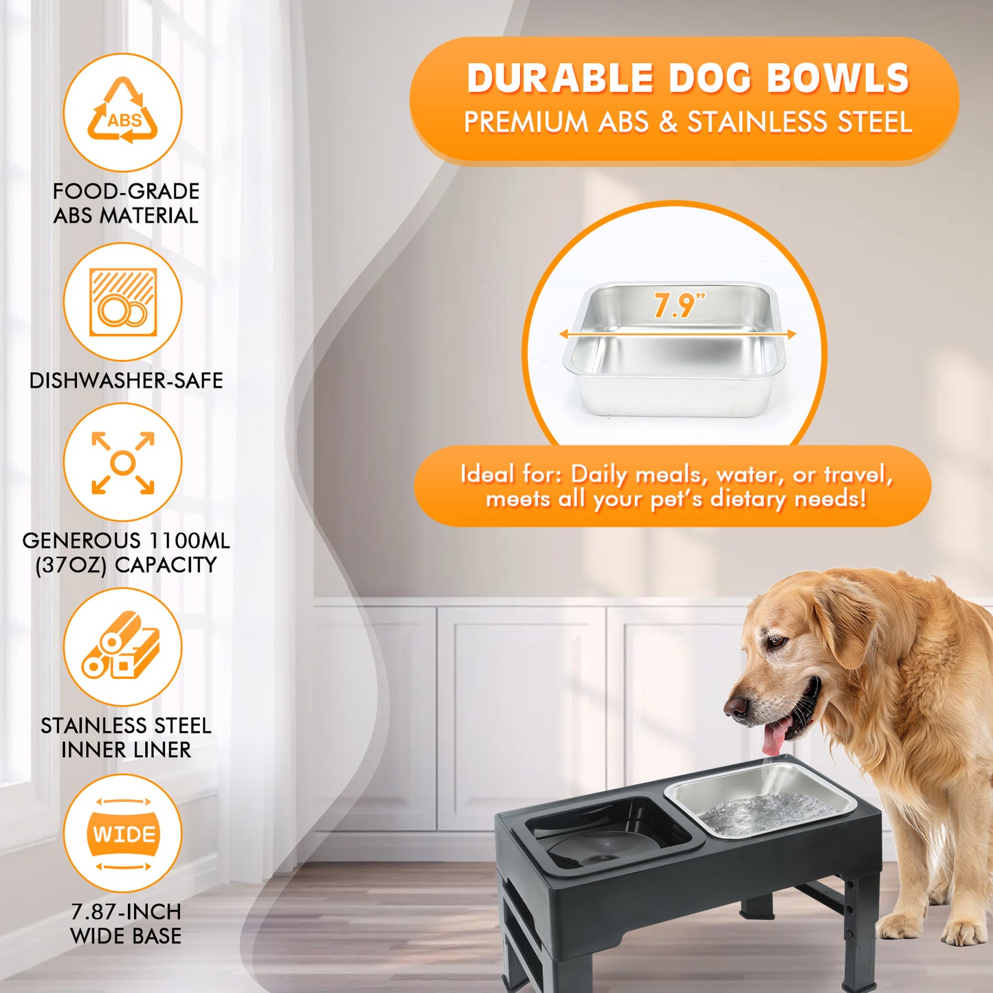 BJOP Elevated Dog Bowls with 3 Adjustable Heights, Raised Bowl Stand for Medium & Large Dogs, 1L Food and Water Feeder, Adjustable Pet Dish Station-Grey