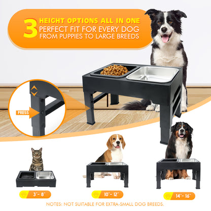 BJOP Elevated Dog Bowls with 3 Adjustable Heights, Raised Bowl Stand for Medium & Large Dogs, 1L Food and Water Feeder, Adjustable Pet Dish Station-Grey