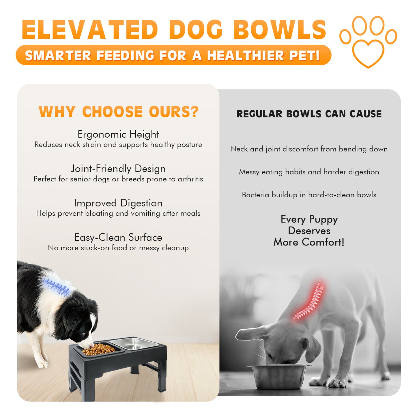 BJOP Elevated Dog Bowls with 3 Adjustable Heights, Raised Bowl Stand for Medium & Large Dogs, 1L Food and Water Feeder, Adjustable Pet Dish Station-Grey