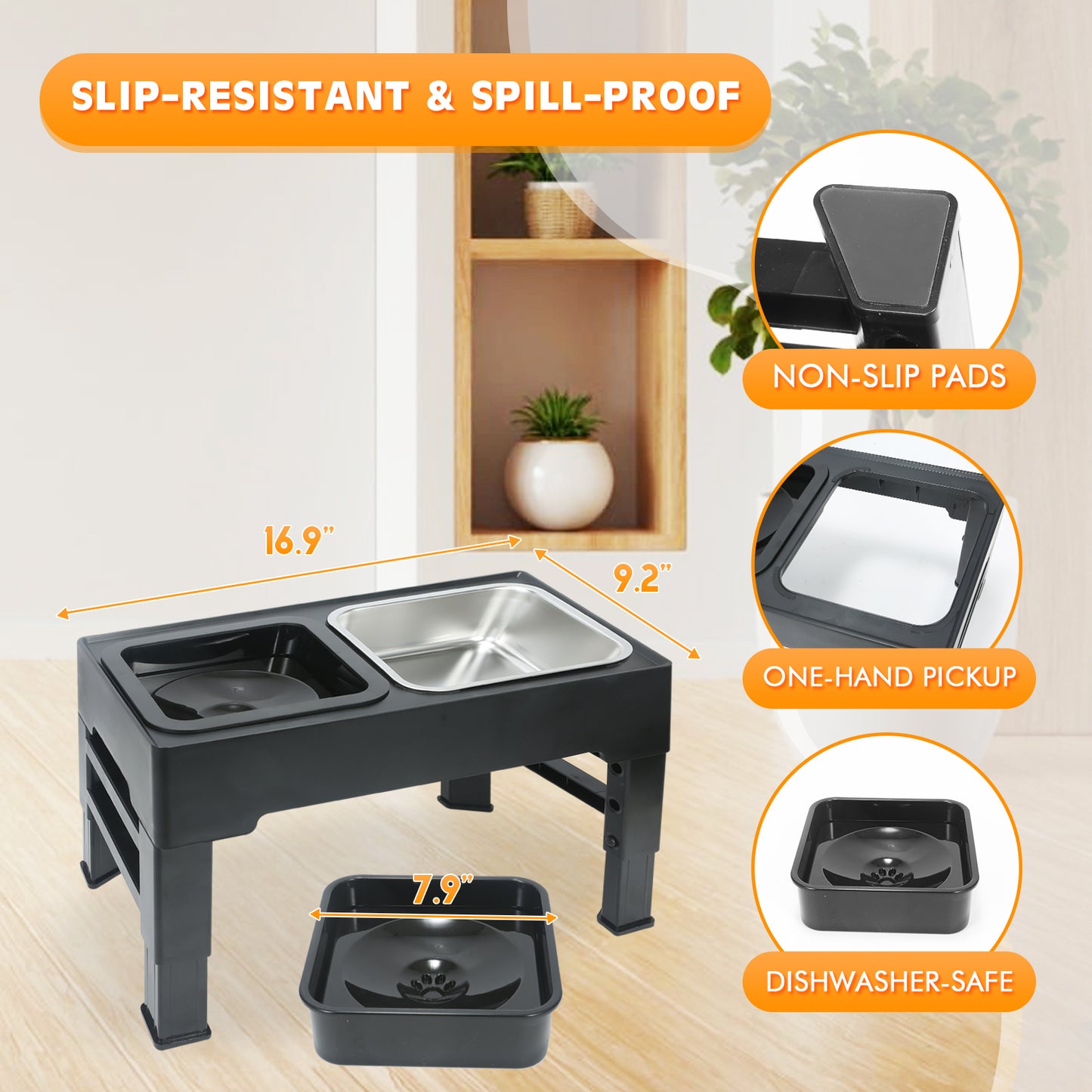 BJOP Elevated Dog Bowls with 3 Adjustable Heights, Raised Bowl Stand for Medium & Large Dogs, 1L Food and Water Feeder, Adjustable Pet Dish Station-Grey