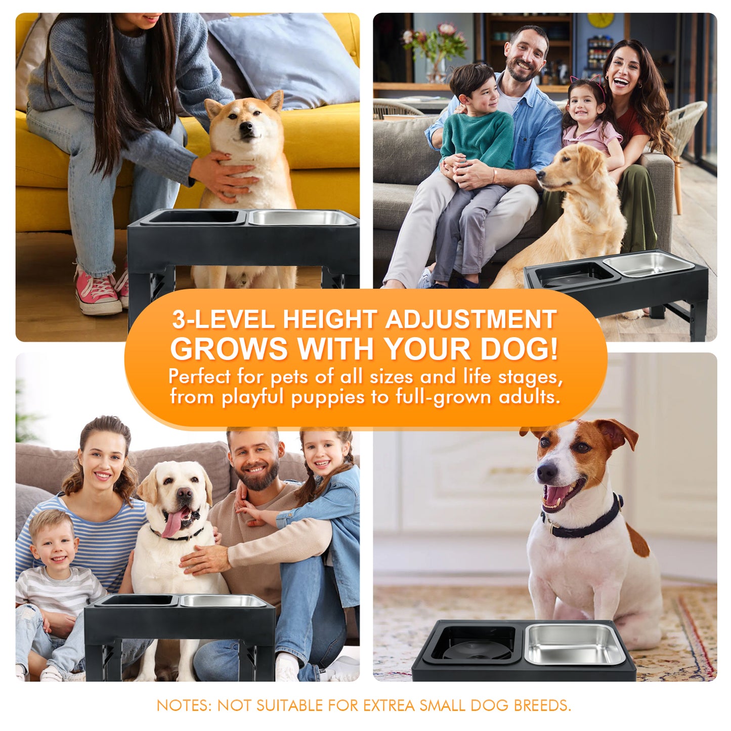 BJOP Elevated Dog Bowls with 3 Adjustable Heights, Raised Bowl Stand for Medium & Large Dogs, 1L Food and Water Feeder, Adjustable Pet Dish Station-Grey