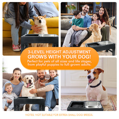 BJOP Elevated Dog Bowls with 3 Adjustable Heights, Raised Bowl Stand for Medium & Large Dogs, 1L Food and Water Feeder, Adjustable Pet Dish Station-Grey