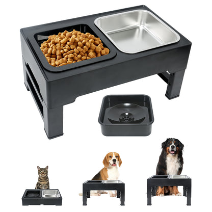BJOP Elevated Dog Bowls with 3 Adjustable Heights, Raised Bowl Stand for Medium & Large Dogs, 1L Food and Water Feeder, Adjustable Pet Dish Station-Grey