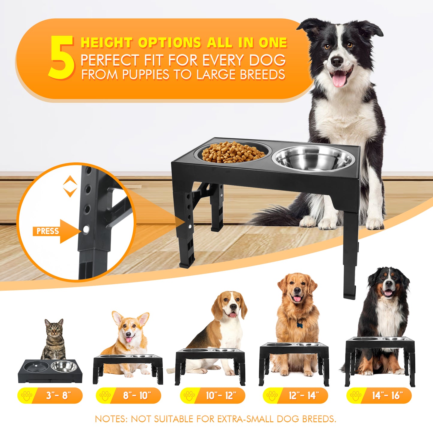 BJOP Elevated Dog Bowls 5 Heights Adjustable Raised Dogs Bowl Stand Large/Medium Sized Dog 1L Food Water Bowl Stands 3.1/8.6/9.8/11/12.2in Grey Pet Feeder Dish Station