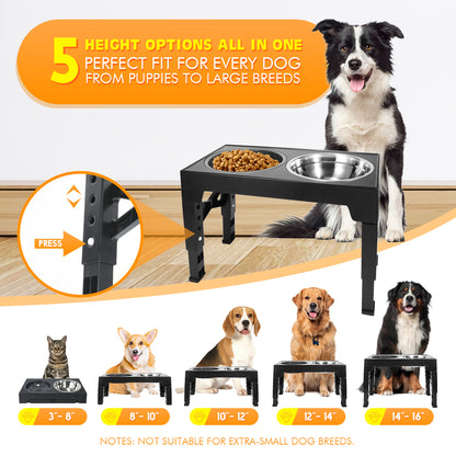 BJOP Elevated Dog Bowls 5 Heights Adjustable Raised Dogs Bowl Stand Large/Medium Sized Dog 1L Food Water Bowl Stands 3.1/8.6/9.8/11/12.2in Grey Pet Feeder Dish Station
