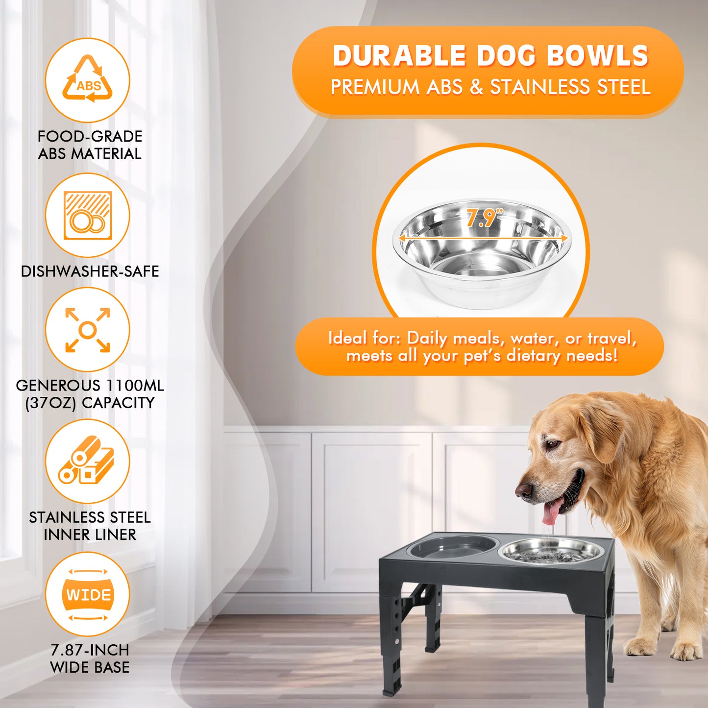 BJOP Elevated Dog Bowls 5 Heights Adjustable Raised Dogs Bowl Stand Large/Medium Sized Dog 1L Food Water Bowl Stands 3.1/8.6/9.8/11/12.2in Grey Pet Feeder Dish Station