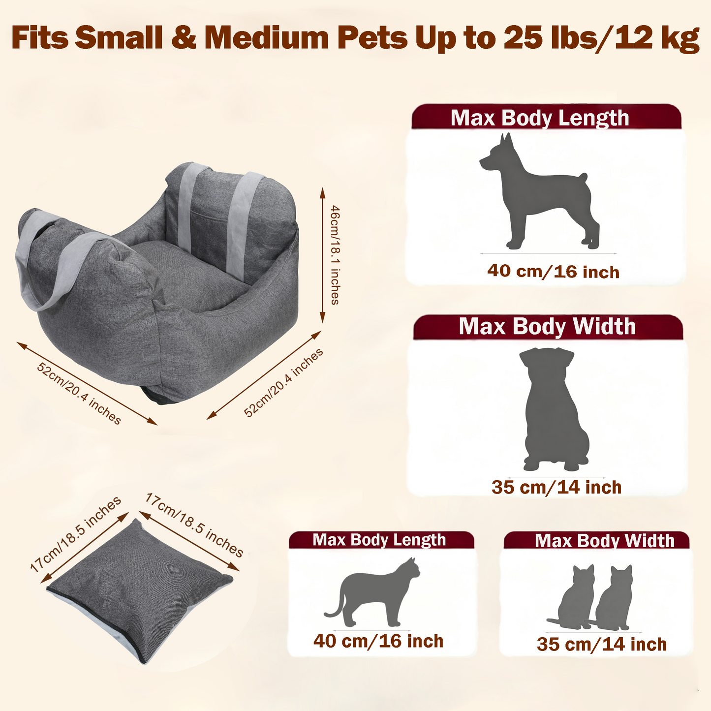 BJOP Dog Car Seat for Small Dogs Up to 25 lbs – Puffy & Roomy Washable Pet Booster Seat with Soothing Soft Thick Cushion, Safety Leash, Foldable Design, and Storage Pockets – Portable Travel Bed Carrier for Cars