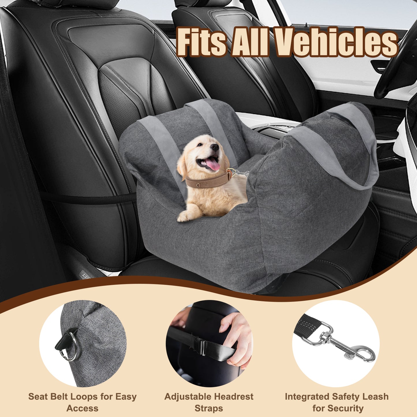 BJOP Dog Car Seat for Small Dogs Up to 25 lbs – Puffy & Roomy Washable Pet Booster Seat with Soothing Soft Thick Cushion, Safety Leash, Foldable Design, and Storage Pockets – Portable Travel Bed Carrier for Cars