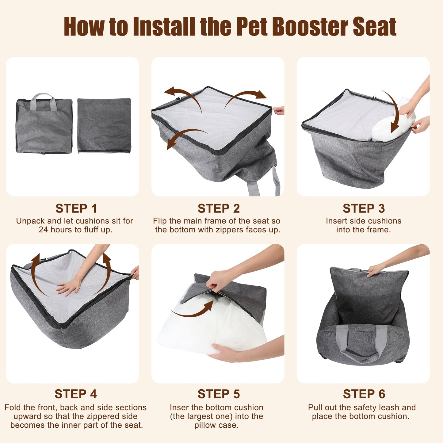BJOP Dog Car Seat for Small Dogs Up to 25 lbs – Puffy & Roomy Washable Pet Booster Seat with Soothing Soft Thick Cushion, Safety Leash, Foldable Design, and Storage Pockets – Portable Travel Bed Carrier for Cars